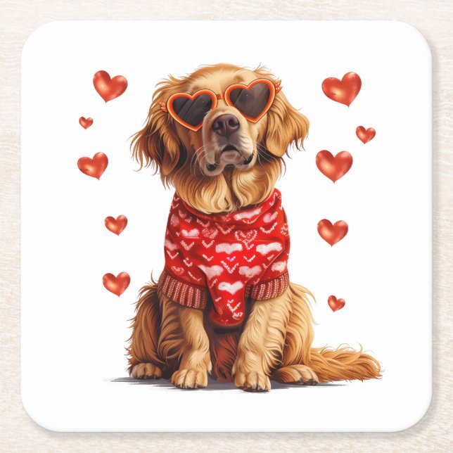 Posavasos Cuadrado De Papel Perro día de San Valentín Golden Retriever (Anverso)