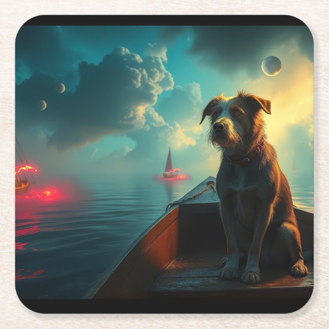 Posavasos Cuadrado De Papel Perro en barco (Anverso)