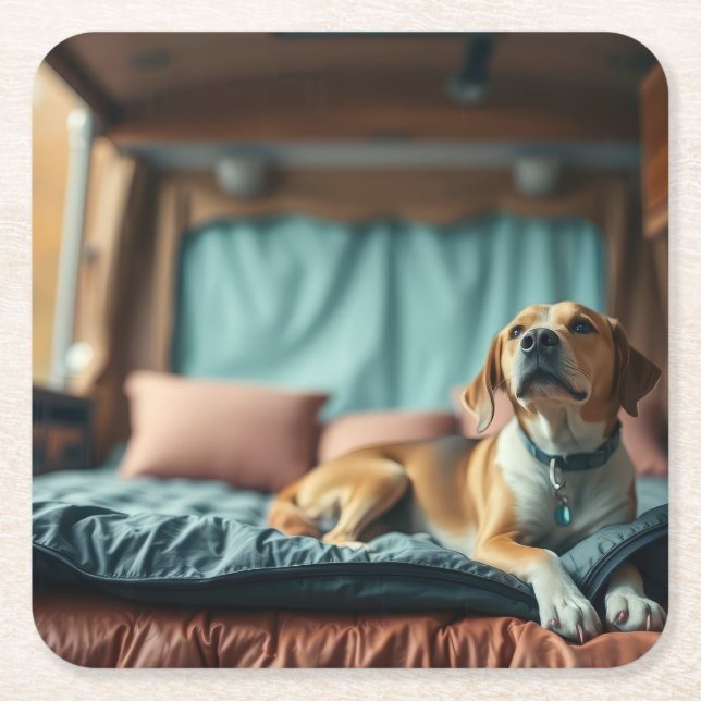 Posavasos Cuadrado De Papel Perro en cama (Anverso)