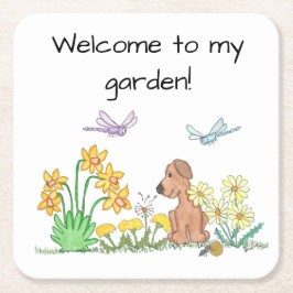 Posavasos Cuadrado De Papel Perro en jardín de flores