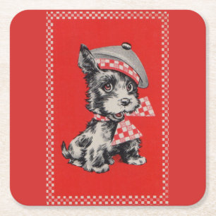 Posavasos Cuadrado De Papel Perro escocés de los años 50 en rojo