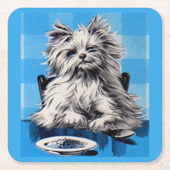 Posavasos Cuadrado De Papel perro flojo comiendo en la mesa (Anverso)