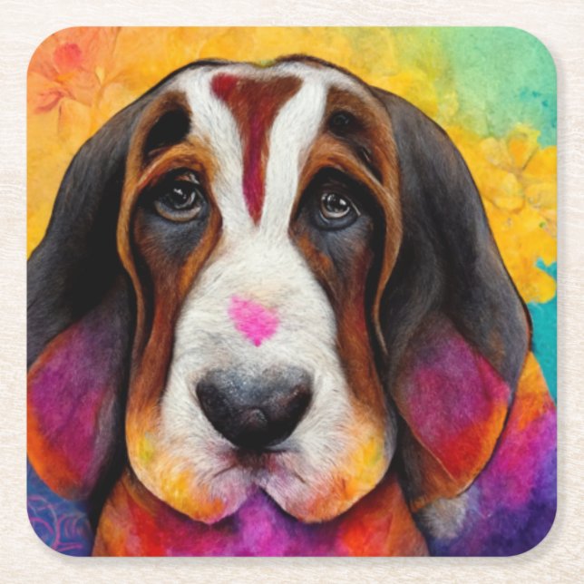 Posavasos Cuadrado De Papel Perro heound de Basset (Anverso)