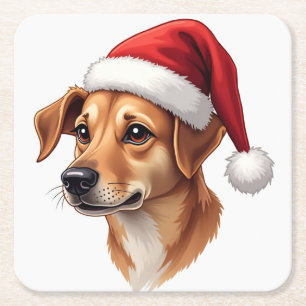 Posavasos Cuadrado De Papel Perro negro de Navidad con bronceado con sombrero