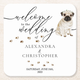 Posavasos Cuadrado De Papel Perro Pug Cachorro Bienvenido a la boda