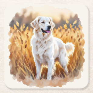 Posavasos Cuadrado De Papel Perro Retriever Dorado Blanco