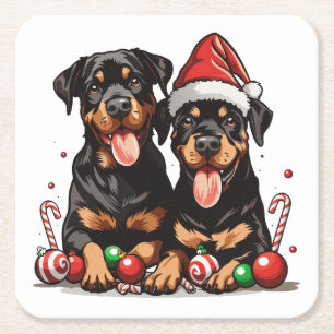 Posavasos Cuadrado De Papel Perro Rottweiler de Navidad Santa