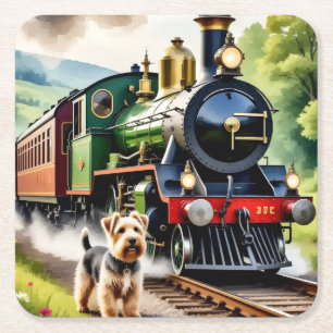 Posavasos Cuadrado De Papel Perro saludando tren de vapor