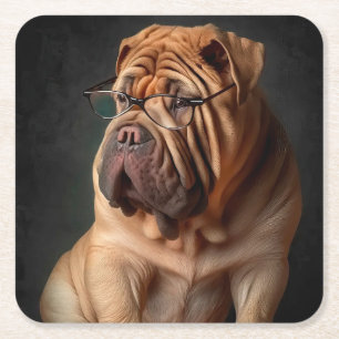 Posavasos Cuadrado De Papel Perro Shar Pei Inteligente con Diseño de Libro
