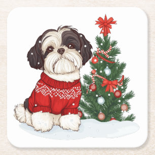 Posavasos Cuadrado De Papel Perro Shih Tzu de Navidad