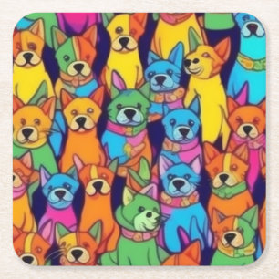 Posavasos Cuadrado De Papel Perros alegres y coloridos, perros felices