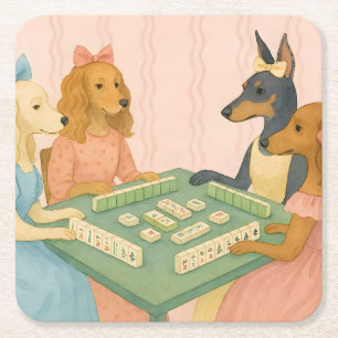 Posavasos Cuadrado De Papel Perros antiguos y lindos jugando Mahjong