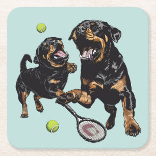 Posavasos Cuadrado De Papel Perros De Rottweiler Cute Juegan Al Tenis