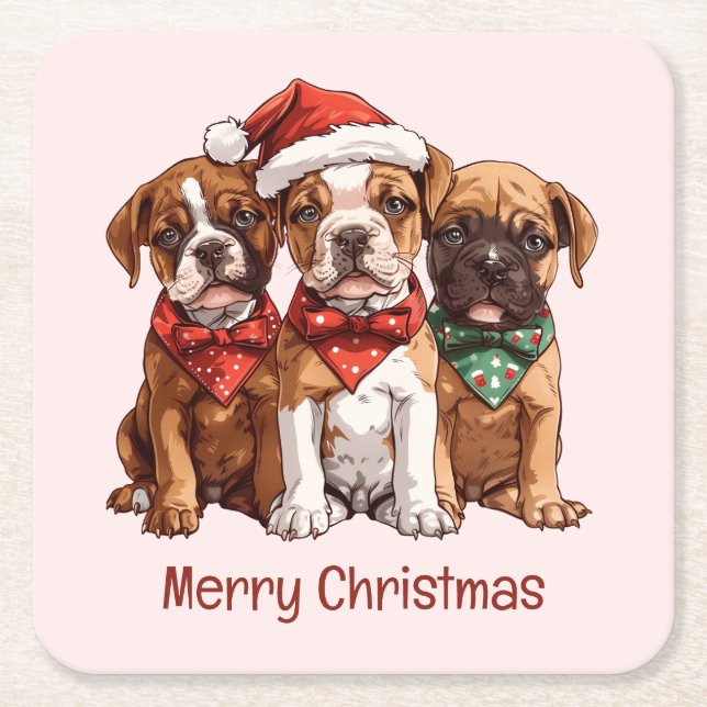 Posavasos Cuadrado De Papel Perros del Boxer navideño (Anverso)