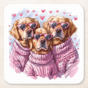 Posavasos Cuadrado De Papel Perros del día de San Valentín Golden Retriever