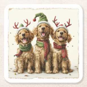 Posavasos Cuadrado De Papel Perros Golden Retriever de Navidad