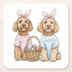 Posavasos Cuadrado De Papel Perros Goldendoodle de Pascua