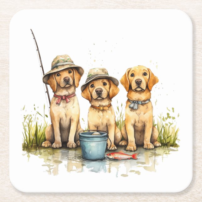 Posavasos Cuadrado De Papel Perros Labrador Retriever pescando (Anverso)