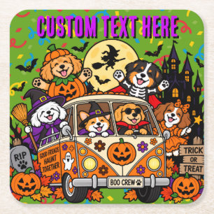 Posavasos Cuadrado De Papel Perros personalizados de Halloween Furgoneta y Cas