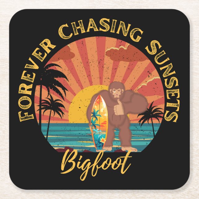 Posavasos Cuadrado De Papel Persiguiendo por siempre a Sunsets Bigfoot Surfing (Anverso)