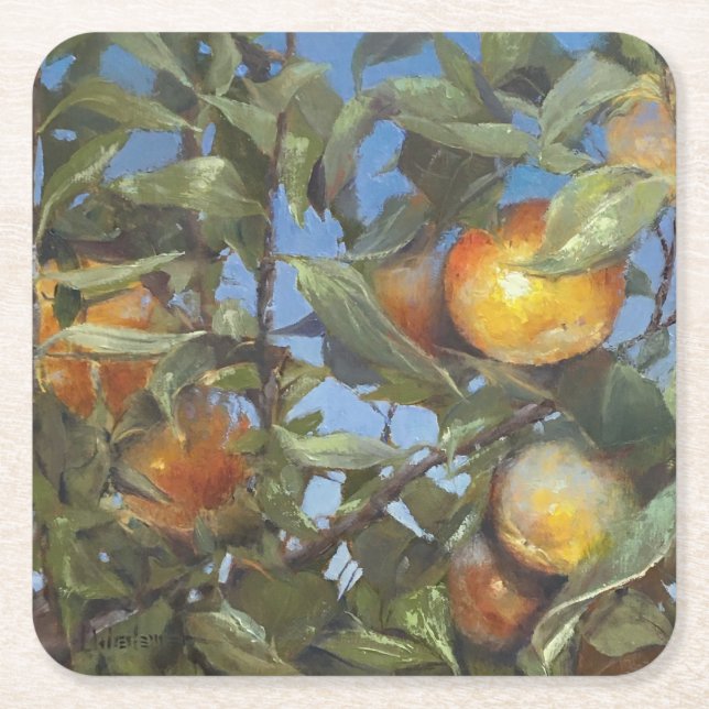 Posavasos Cuadrado De Papel Persimmon Fruit Tree Hermosa Pintura Original (Anverso)