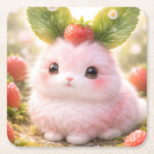Posavasos Cuadrado De Papel Personaje de conejo rosa adorable con fresa