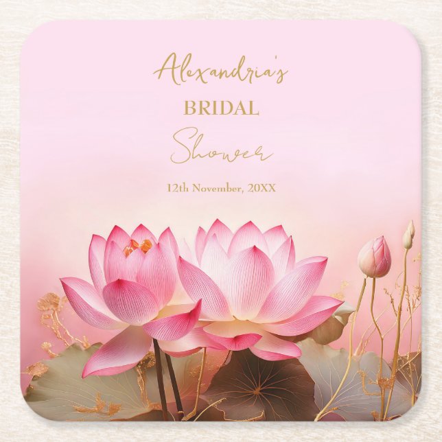 Posavasos Cuadrado De Papel Personaliza Bridal Shower Pink Lotus (Anverso)