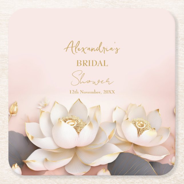 Posavasos Cuadrado De Papel Personaliza Bridal Shower Pink Lotus No 8 (Anverso)