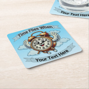 Posavasos Cuadrado De Papel Personalizable "El tiempo vuela cuando" Reloj vola