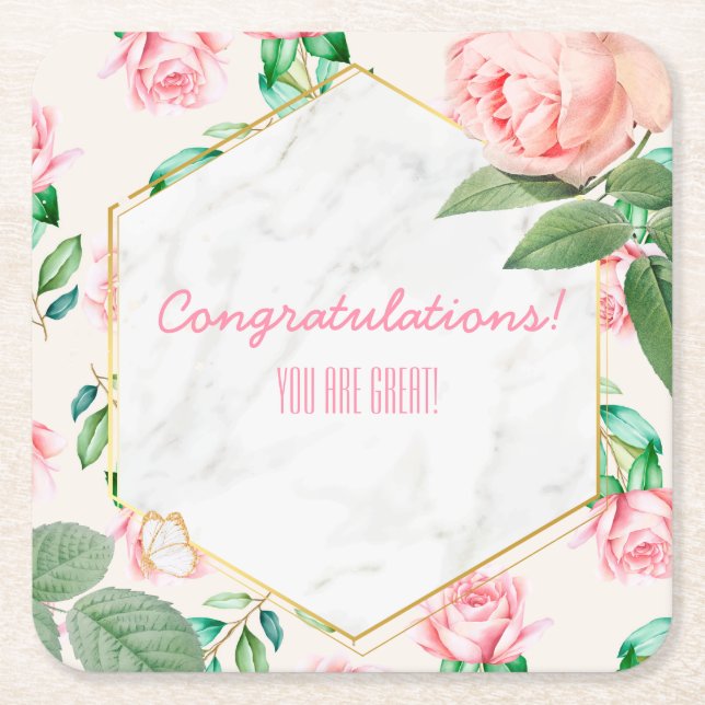 Posavasos Cuadrado De Papel Personalizable Floral (Anverso)