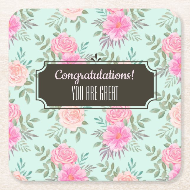 Posavasos Cuadrado De Papel Personalizable Floral (Anverso)