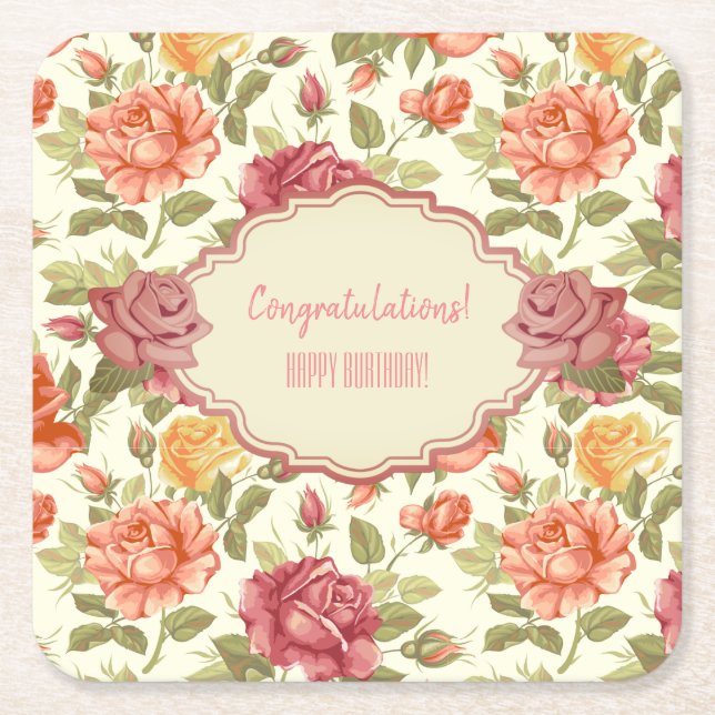 Posavasos Cuadrado De Papel Personalizable Floral (Anverso)