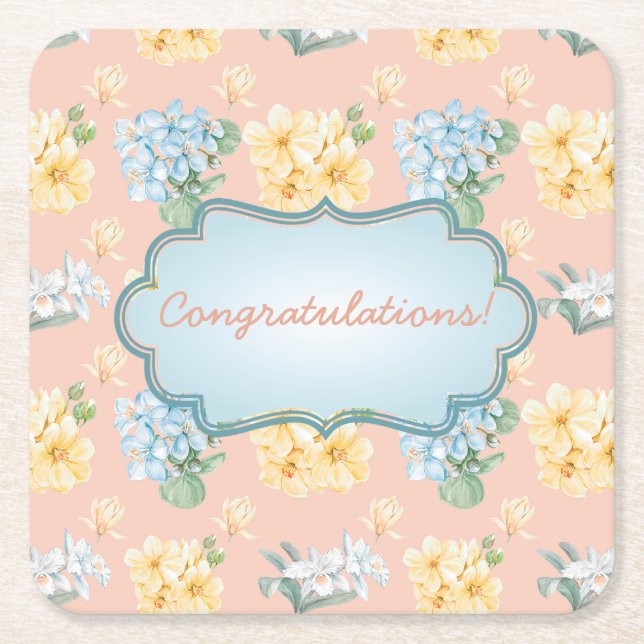 Posavasos Cuadrado De Papel Personalizable Floral (Anverso)