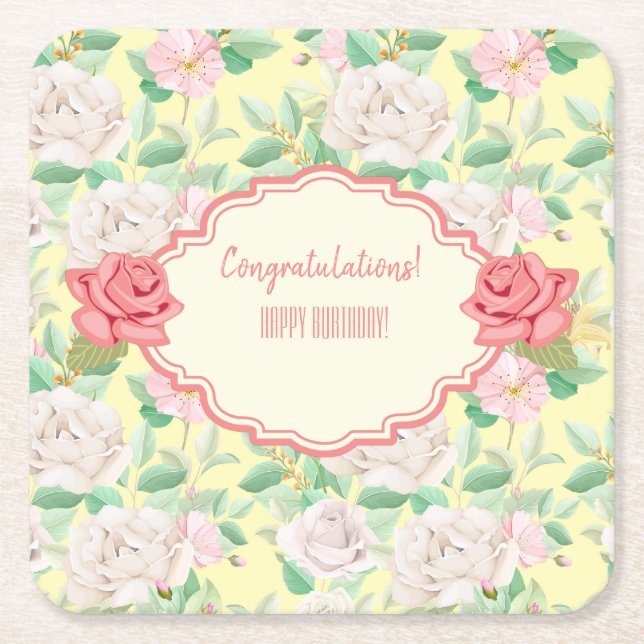 Posavasos Cuadrado De Papel Personalizable Floral (Anverso)