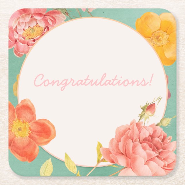 Posavasos Cuadrado De Papel Personalizable Floral (Anverso)