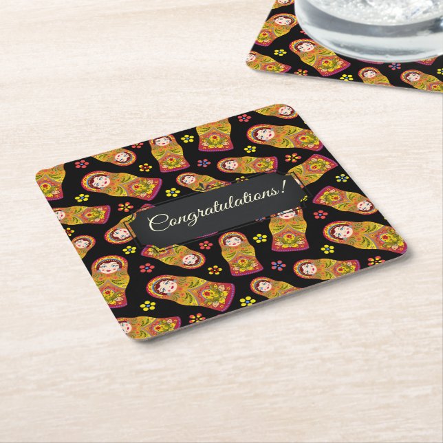 Posavasos Cuadrado De Papel Personalizable Matreshka (En perspectiva)