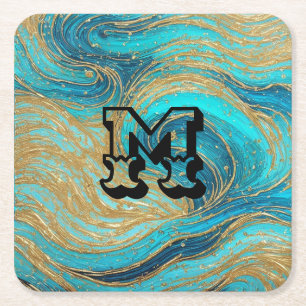 Posavasos Cuadrado De Papel Personalizable Turquoise Blue Gold Remontes