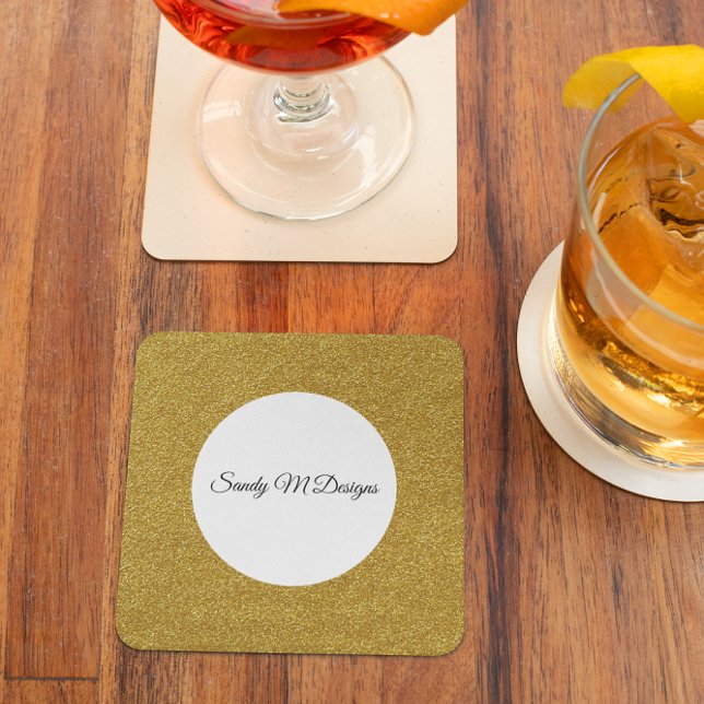 Posavasos Cuadrado De Papel Personalización de imagen de marco Purpurina dorad (Personalize Gold Glitter Frame Image Your Name Square Paper Coaster)