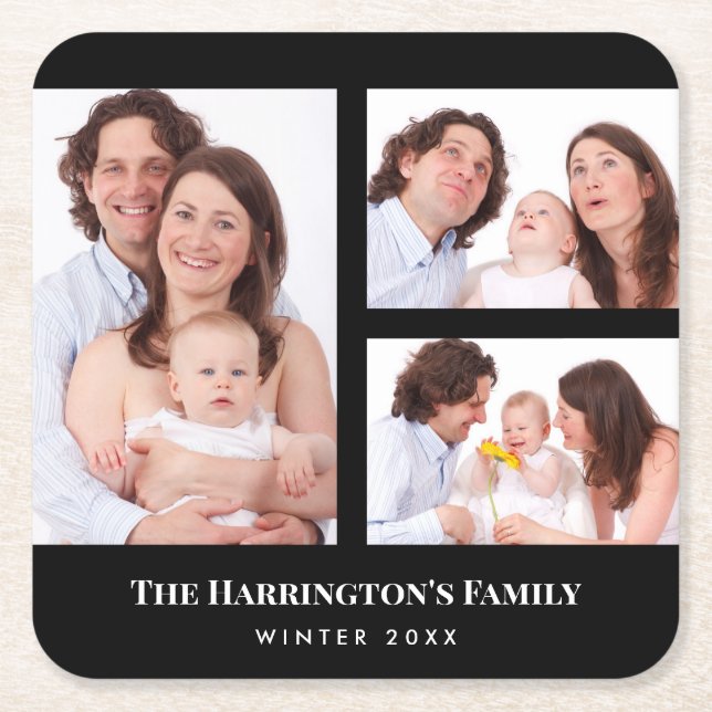 Posavasos Cuadrado De Papel Personalizado 3 secciones Collage de fotos de fami (Anverso)