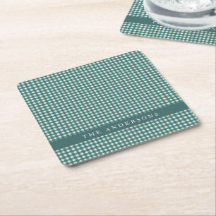 Posavasos Cuadrado De Papel Personalizado a cuadros gingham verde azulado y bl