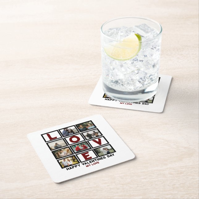 Posavasos Cuadrado De Papel Personalizado Amor Feliz San Valentín Día 8 Collag (In situ)