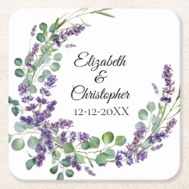 Posavasos Cuadrado De Papel Personalizado Boho Lavender Eucalyptus Boda