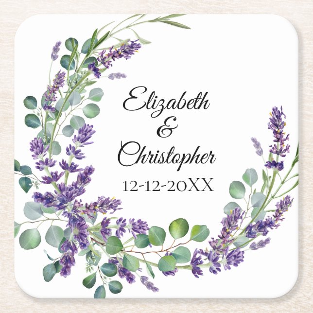 Posavasos Cuadrado De Papel Personalizado Boho Lavender Eucalyptus Boda (Anverso)