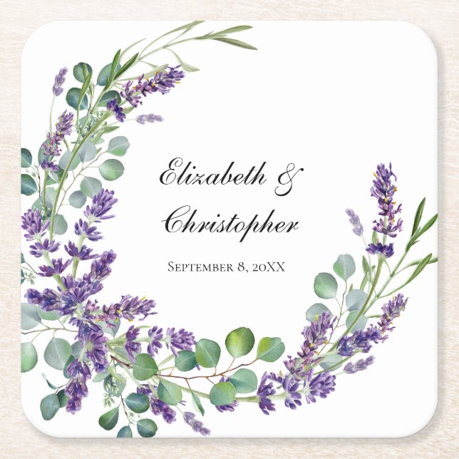 Posavasos Cuadrado De Papel Personalizado Boho Lavender Eucalyptus Boda (Anverso)
