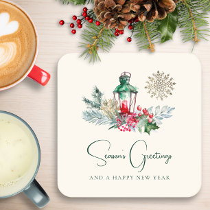 Posavasos Cuadrado De Papel Personalizado Brush Pines Lantern Fiesta de Navida