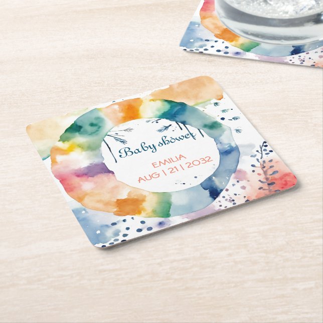 Posavasos Cuadrado De Papel Personalizado de Baby Shower de Cute BOHO (En perspectiva)