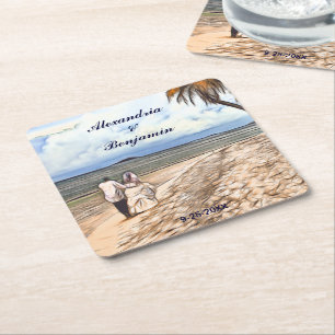Posavasos Cuadrado De Papel Personalizado de color de agua de bodas tropicales