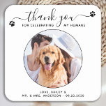 Posavasos Cuadrado De Papel Personalizado de escritura moderna Gracias Boda Ma<br><div class="desc">¡Gracias por celebrar a mis humanos! Añada el toque final a su boda con estos tiernos bodas de fotos personalizados. Perfecto para su boda después del fiesta y la recepción, y como favores matrimoniales para sus invitados. Personalizar esta montaña rusa boda de perro fotográfico con tu foto boda favorita, foto...</div>
