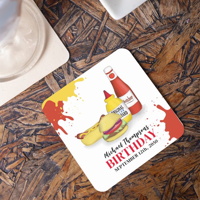 Posavasos Cuadrado De Papel Personalizado de fiesta de cumpleaños de Cute BBQ (Barbeque birthday party custom coaster.)