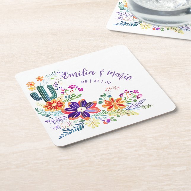Posavasos Cuadrado De Papel PERSONALIZADO de Flores Folkart de FIESTA Cacti (En perspectiva)